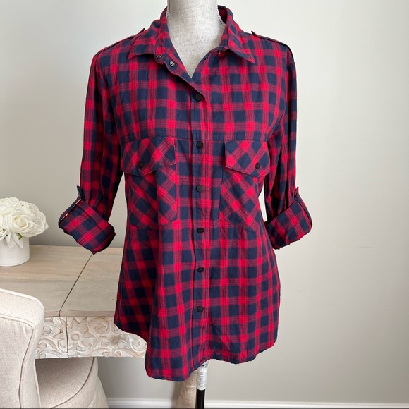Sanctuary Navy Plaid Long Sleeve Snap Down Shirt Top Blouse Small - Picture 3 of 16